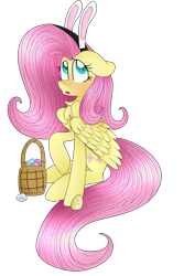 Size: 2508x3744 | Tagged: safe, artist:cosmiickatie, imported from derpibooru, fluttershy, basket, bunny ears, easter, easter egg, female, floppy ears, looking up, open mouth, raised hoof, simple background, sitting, solo, transparent background