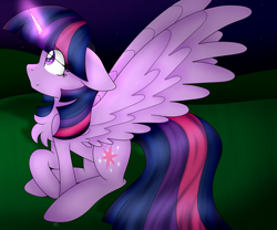 Size: 3600x3000 | Tagged: safe, artist:cosmiickatie, imported from derpibooru, twilight sparkle, alicorn, pony, chest fluff, female, floppy ears, glowing horn, looking away, looking up, raised hoof, sitting, solo, spread wings, twilight sparkle (alicorn), wings