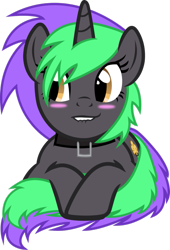 Size: 737x1085 | Tagged: safe, artist:david fire, imported from derpibooru, oc, oc only, oc:frenzy nuke, pony, unicorn, derpibooru community collaboration, 2022 community collab, blushing, collar, female, front view, full body, horn, lip bite, looking sideways, lying down, mare, prone, show accurate, simple background, solo, tail, transparent background, two toned mane, two toned tail, unicorn oc, vector