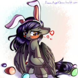 Size: 2000x2000 | Tagged: safe, artist:chaosangeldesu, imported from derpibooru, oc, oc only, oc:rune riddle, pegasus, pony, blushing, bunny ears, female, high res, mare, sitting, solo