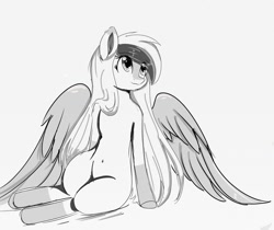 Size: 1024x860 | Tagged: safe, artist:little-sketches, artist:php146, imported from derpibooru, oc, oc only, oc:yeri, pegasus, pony, eye clipping through hair, female, mare, monochrome, solo, style emulation