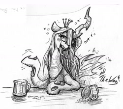 Size: 1561x1384 | Tagged: safe, artist:the-wag, imported from derpibooru, queen chrysalis, changeling, changeling queen, alcohol, blushing, drunk, female, mug, tongue out, traditional art