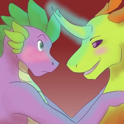 Size: 1000x1000 | Tagged: safe, artist:sammythemutt, imported from derpibooru, spike, thorax, changedling, changeling, dragon, gay, king thorax, male, older, shipping, thoraxspike