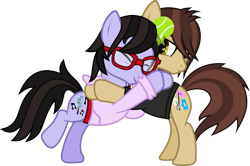 Size: 1492x993 | Tagged: safe, artist:lightningbolt, derpibooru exclusive, imported from derpibooru, earth pony, pony, unicorn, .svg available, ball, bipedal, bipedal leaning, brendon urie, casual, clothes, duo, duo male, eyes closed, glasses, hair over one eye, happy, hilarious in hindsight, hoodie, horn, horn guard, horn impalement, hornball, hug, leaning, lidded eyes, male, panic! at the disco, ponified, raised hoof, ryan ross, shirt, show accurate, simple background, smiling, stallion, standing, svg, t-shirt, tennis ball, transparent background, undershirt, unicorn problems, vector