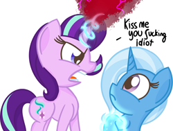 Size: 1280x969 | Tagged: safe, artist:pastelhorses, imported from derpibooru, starlight glimmer, trixie, pony, unicorn, all bottled up, anger magic, angry, female, forced, lesbian, magic, shipping, startrix, vulgar