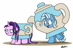 Size: 1954x1287 | Tagged: safe, artist:bobthedalek, imported from derpibooru, starlight glimmer, trixie, pony, unicorn, all bottled up, clothes, costume, cup, drink, drink costume, female, food, food costume, happy, mare, simple background, starlight glimmer is not amused, stressed, tea, tea costume, teacup, teacup costume, teapot, that pony sure does love teacups, unamused, white background