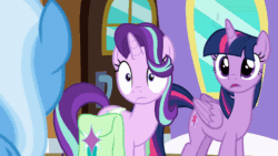 Size: 710x400 | Tagged: safe, imported from derpibooru, screencap, starlight glimmer, trixie, twilight sparkle, alicorn, pony, all bottled up, animated, annoyed, female, gif, nervous laugh, saddle bag, twilight sparkle (alicorn)