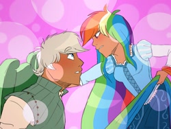 Size: 1600x1200 | Tagged: safe, artist:artistcoolpony, imported from derpibooru, dumbbell, rainbow dash, human, dark skin, dumbdash, duo, female, flynn rider, humanized, male, rapunzel, shipping, straight