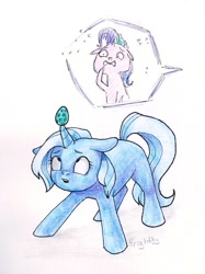 Size: 563x754 | Tagged: safe, artist:theorderofalisikus, imported from derpibooru, starlight glimmer, trixie, pony, unicorn, balancing, easter, easter egg, nervous, traditional art