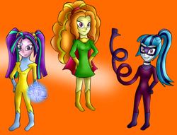 Size: 1022x781 | Tagged: safe, artist:jerrydestroyer, imported from derpibooru, adagio dazzle, aria blaze, sonata dusk, equestria girls, elastic, electricity, flight, flying, spandex, superhero, the dazzlings