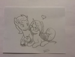 Size: 960x720 | Tagged: safe, artist:latecustomer, imported from derpibooru, oc, oc only, oc:biohazard skies, oc:moonglow twinkle, bat pony, pony, unicorn, babscon, bow, female, heart, hug, male, mare, oc x oc, shipping, stallion, straight, tail bow, winghug