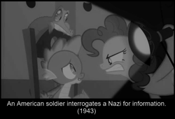 Size: 648x441 | Tagged: safe, edit, edited screencap, imported from derpibooru, screencap, gummy, pinkie pie, spike, dragon, party of one, season 1, american, fake history, meme, monochrome, nazi, world war ii