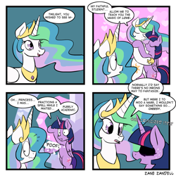 Size: 1125x1125 | Tagged: safe, artist:zanezandell, imported from derpibooru, princess celestia, twilight sparkle, alicorn, pony, celestial advice, 4koma, anime dialogue, caught, comic, female, lesbian, magic, shipping, there is no wrong way to fantasize, twilestia, twilight sparkle (alicorn)