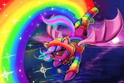 Size: 3000x2000 | Tagged: safe, artist:lumineko, imported from derpibooru, oc, oc only, oc:spanking shade, bat pony, pony, cat ears, clothes, cute, cutie mark, female, goggles, hoodie, nyan cat, parkour, rainbow socks, rainbows, socks, solo, sparkly, striped socks