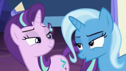 Size: 1014x574 | Tagged: safe, imported from derpibooru, screencap, starlight glimmer, trixie, pony, all bottled up, lidded eyes, out of context, twilight's castle