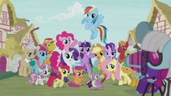 Size: 1280x720 | Tagged: safe, imported from derpibooru, screencap, apple bloom, applejack, big macintosh, carrot cake, cup cake, fluttershy, granny smith, mayor mare, photo finish, pinkie pie, rainbow dash, rarity, scootaloo, snails, snips, spike, starlight glimmer, sweetie belle, twilight sparkle, alicorn, dragon, pony, unicorn, season 7, spoiler:s07, camera, colt, male, theme song, twilight sparkle (alicorn)