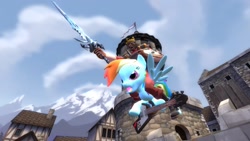 Size: 1920x1080 | Tagged: safe, artist:earthquake87, imported from derpibooru, rainbow dash, 3d, castle, charge, charging, crown, demoman, flying v, frostmourne, gmod, guitar, jewelry, metal, musical instrument, regalia, splendid screen, team fortress 2, warcraft, world of warcraft