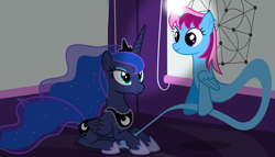 Size: 11200x6400 | Tagged: safe, artist:parclytaxel, imported from derpibooru, princess luna, oc, oc:parcly taxel, alicorn, genie, genie pony, pony, ain't never had friends like us, albumin flask, .svg available, absurd resolution, alicorn oc, bedroom, blinds, bottle, cremona-richmond configuration, floating, glowing horn, horn ring, looking down, looking up, magic, math, prone, rubbing, smiling, vector, wallpaper, whiteboard, window, wish