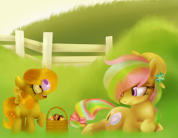 Size: 1280x1000 | Tagged: safe, artist:starchasesketches, imported from derpibooru, oc, oc only, oc:easter paint, oc:peep sweetie, bow, easter, easter egg, female, fence, filly, flower, grass, grass field, hat, hooves up, lying down, sparkles, sparkly mane, spring