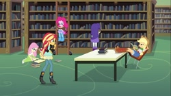 Size: 1100x618 | Tagged: safe, imported from derpibooru, screencap, angel bunny, applejack, fluttershy, pinkie pie, rarity, sunset shimmer, equestria girls, friendship games, book, bookshelf, boots, clothes, cowboy boots, cowboy hat, denim skirt, hat, high heel boots, jacket, ladder, leather jacket, library, rear view, skirt, socks, stetson, table