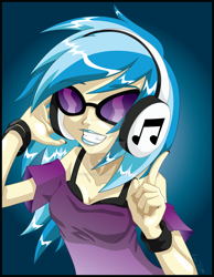 Size: 900x1162 | Tagged: safe, artist:onceuponadoodle, imported from derpibooru, dj pon-3, vinyl scratch, human, bra, clothes, headphones, humanized, lipstick, nail polish, off shoulder, solo, underwear, watermark