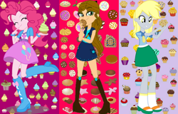 Size: 1332x850 | Tagged: safe, artist:catdragon4, imported from derpibooru, derpy hooves, pinkie pie, oc, oc:sweet melody, equestria girls, balloon, boots, bracelet, clothes, cookie, cupcake, cute, denim skirt, eyes closed, flip-flops, food, high heel boots, jewelry, looking at you, muffin, necktie, raised leg, sandals, skirt, socks