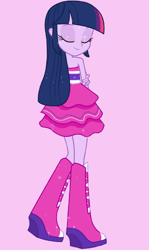 Size: 1001x1674 | Tagged: safe, imported from derpibooru, screencap, twilight sparkle, equestria girls, equestria girls (movie), bare shoulders, boots, eyes closed, fall formal outfits, high heel boots, pink background, raised leg, simple background, sleeveless, smiling, sparkles, strapless, this is our big night, twilight ball dress