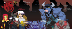 Size: 4011x1653 | Tagged: safe, artist:arteses-canvas, imported from derpibooru, gilda, iron will, king sombra, princess luna, queen chrysalis, rover, sunset shimmer, alicorn, anthro, changeling, diamond dog, human, minotaur, pony, umbrum, unicorn, equestria girls, absurd resolution, blank eyes, claws, crossover, curved horn, drool, envy the jealous, evil grin, eyepatch, fangs, female, fullmetal alchemist, gilda is not amused, glare, gluttony the voracious, greed the avaricious, grin, horn, horns, humanized, king bradley, lust the lascivious, male, mare, nose piercing, nose ring, piercing, pride the arrogant, s1 luna, saligia, selim bradley, septum piercing, seven deadly sins, sloth the indolent, smiling, smirk, stallion, sword, tongue out, unamused, weapon, winged humanization, wings, wrath the furious