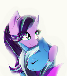 Size: 438x500 | Tagged: safe, artist:skyeypony, imported from derpibooru, starlight glimmer, trixie, pony, unicorn, curved horn, eyes closed, female, hug, lesbian, mare, shipping, simple background, smiling, startrix, white background