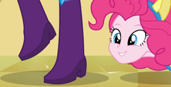 Size: 1366x698 | Tagged: safe, imported from derpibooru, screencap, pinkie pie, rarity, equestria girls, equestria girls (movie), boots, cute, fake ears, helping twilight win the crown, high heel boots, legs, pictures of boots, pictures of feet, pictures of legs, pinkie pie looking at rarity purple boots, pony ears, raised leg, rubber boots, stomping