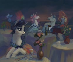 Size: 1000x852 | Tagged: safe, artist:exclusionzone, imported from derpibooru, fancypants, fleur-de-lis, rarity, pony, unicorn, cup, female, flower, flower in hair, male, mare, stallion, tabun art-battle, vase