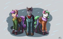 Size: 1800x1100 | Tagged: safe, artist:alina-sherl, imported from derpibooru, oc, oc only, pony, boots, clothes, coat, female, looking at you, male, mare, pants, stallion, travelling, trio