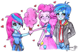 Size: 500x333 | Tagged: safe, artist:lovelygirlmusicer, imported from derpibooru, pinkie pie, thunderbass, oc, equestria girls, clothes, cotton candy, cute, family, female, food, male, pinkiebass, shipping, skirt, straight, traditional art