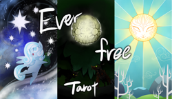 Size: 2894x1667 | Tagged: safe, artist:gashiboka, imported from derpibooru, oc, oc only, oc:snowdrop, pegasus, pony, timber wolf, everfree tarot, female, filly, moon, stars, sun, tarot, the star, the sun, tree