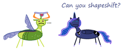 Size: 788x327 | Tagged: safe, artist:watermelon changeling, derpibooru exclusive, imported from derpibooru, princess luna, thorax, alicorn, changedling, changeling, pony, celestial advice, ..., 1000 hours in ms paint, :c, :|, equestrian pink heart of courage, frown, king thorax, magic, ms paint, simple background, spread wings, stick figure, white background, wings