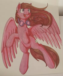 Size: 1055x1256 | Tagged: safe, artist:goat train, artist:sugaryviolet, imported from derpibooru, oc, oc only, pegasus, pony, collaboration, commission, flying, goggles, open mouth, solo, traditional art, windswept mane