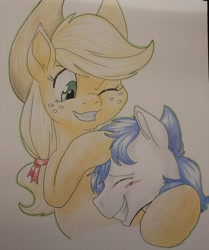 Size: 1069x1281 | Tagged: safe, artist:goat train, artist:sugaryviolet, imported from derpibooru, applejack, oc, pony, collaboration, commission, eyes closed, noogie, one eye closed, smiling, traditional art