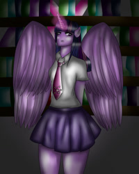 Size: 1024x1280 | Tagged: safe, artist:ajart245, imported from derpibooru, twilight sparkle, alicorn, anthro, book, bookshelf, clothes, female, magic, necktie, skirt, solo, twilight sparkle (alicorn)