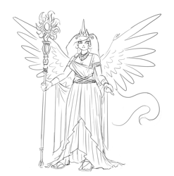 Size: 1280x1293 | Tagged: safe, artist:king-kakapo, imported from derpibooru, princess celestia, human, breasts, cleavage, female, humanized, jewelry, monochrome, regalia, sandals, sketch, solo, staff, winged humanization, wings