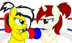 Size: 1280x765 | Tagged: artist needed, safe, imported from derpibooru, oc, oc only, oc:silver draw, oc:uppercute, earth pony, pony, unicorn, bipedal, boxing gloves, boxing ring, freckles, show accurate