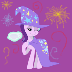 Size: 1280x1280 | Tagged: safe, artist:flunggy, imported from derpibooru, starlight glimmer, pony, unicorn, accessory swap, cape, clothes, cup, female, hat, one eye closed, smiling, solo, teacup, the great and powerful, trixie's cape, trixie's hat, wink