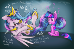 Size: 3000x2000 | Tagged: safe, artist:ferasor, imported from derpibooru, princess celestia, twilight sparkle, alicorn, pony, celestial advice, crown, duo, female, jewelry, laughing, mare, regalia, twilight sparkle (alicorn)