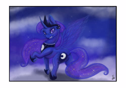 Size: 5016x3541 | Tagged: safe, artist:dinodraketakethecake, imported from derpibooru, princess luna, alicorn, pony, absurd resolution, butt, cloud, dock, female, flying, looking back, moonbutt, night, plot, raised hoof, smiling, solo