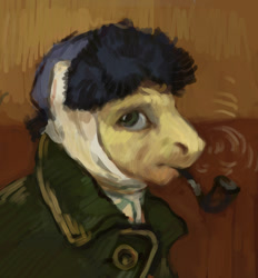Size: 749x806 | Tagged: safe, artist:exclusionzone, imported from derpibooru, pony, bandage, bubble pipe, bust, fine art parody, pastiche, pipe, ponified, solo, vincent van gogh