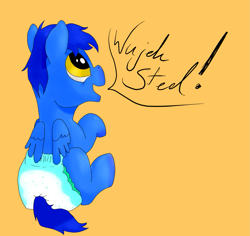 Size: 1335x1258 | Tagged: safe, artist:saxpony, imported from derpibooru, oc, oc only, oc:skaj, pegasus, pony, baby, baby pony, colt, diaper, digital art, foal, male, simple background, speech bubble