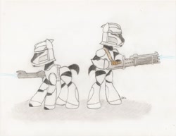 Size: 1096x848 | Tagged: safe, artist:brogararts, imported from derpibooru, pony, clone trooper, clone wars, drawing, gun, minigun, ponified, rifle, star wars, weapon