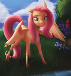 Size: 1917x2028 | Tagged: safe, artist:starblaze25, imported from derpibooru, fluttershy, pegasus, pony, cloud, cross-eyed, cute, female, flower, grass, looking at something, looking down, mare, shyabetes, sky, solo, spread wings, water, wings