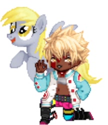 Size: 754x878 | Tagged: safe, derpibooru exclusive, imported from derpibooru, derpy hooves, pegasus, pony, blood, bloody, clothes, dark skin, female, gaia online, jacket, kneeling, mare