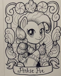 Size: 848x1060 | Tagged: safe, artist:gensokishidan, imported from derpibooru, pinkie pie, earth pony, pony, clothes, cupcake, female, food, ink drawing, monochrome, solo, traditional art