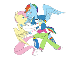 Size: 3000x2250 | Tagged: safe, artist:dingorainbow, imported from derpibooru, fluttershy, rainbow dash, anthro, pegasus, unguligrade anthro, butterblitz, butterscotch, clothes, dancing, equestria girls outfit, flutterdash, gay, high res, male, rainbow blitz, rule 63, shipping, simple background, stallion, white background